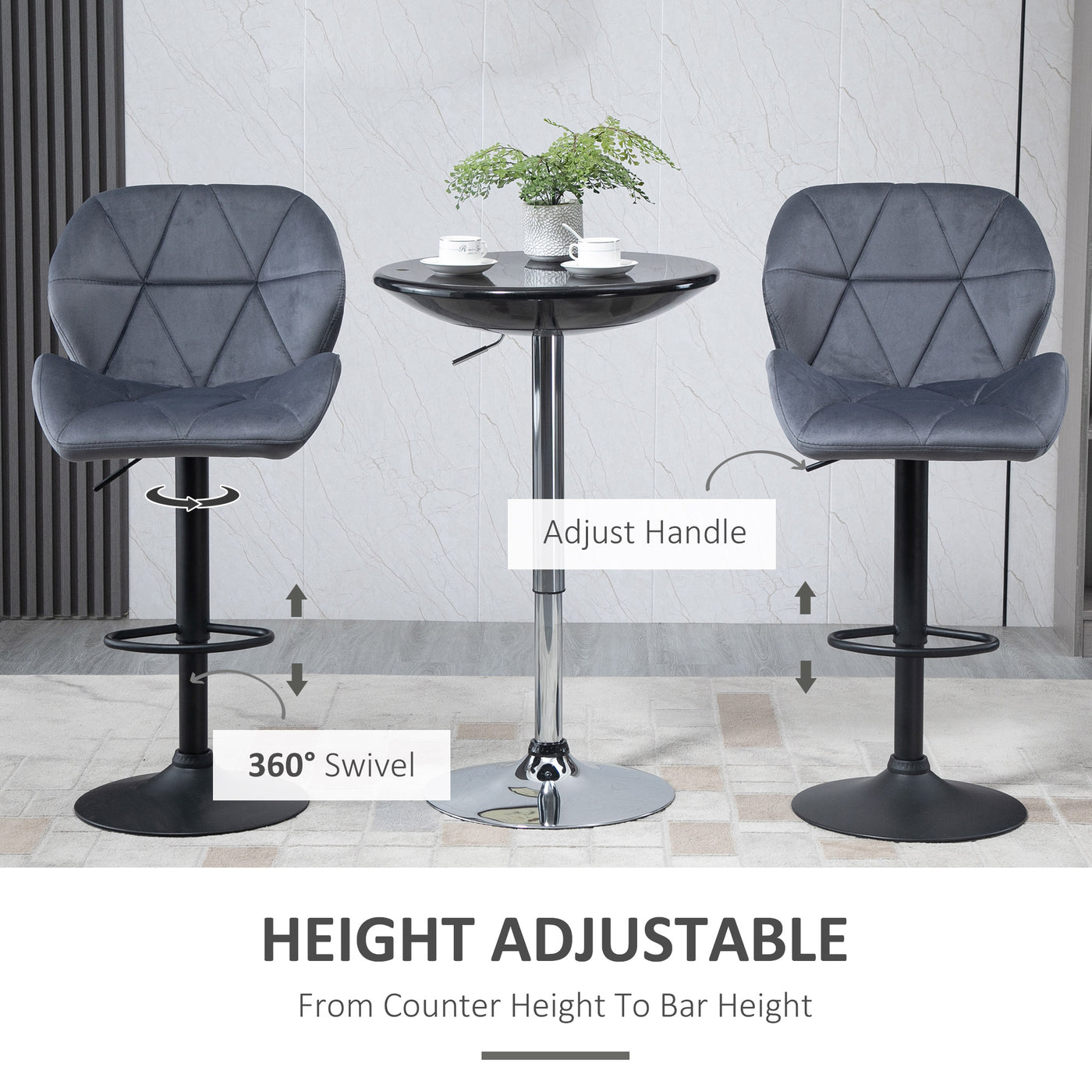 Bar Stool Set of 2 Fabric Adjustable Height Armless Upholstered Counter Chairs with Swivel Seat, Grey
