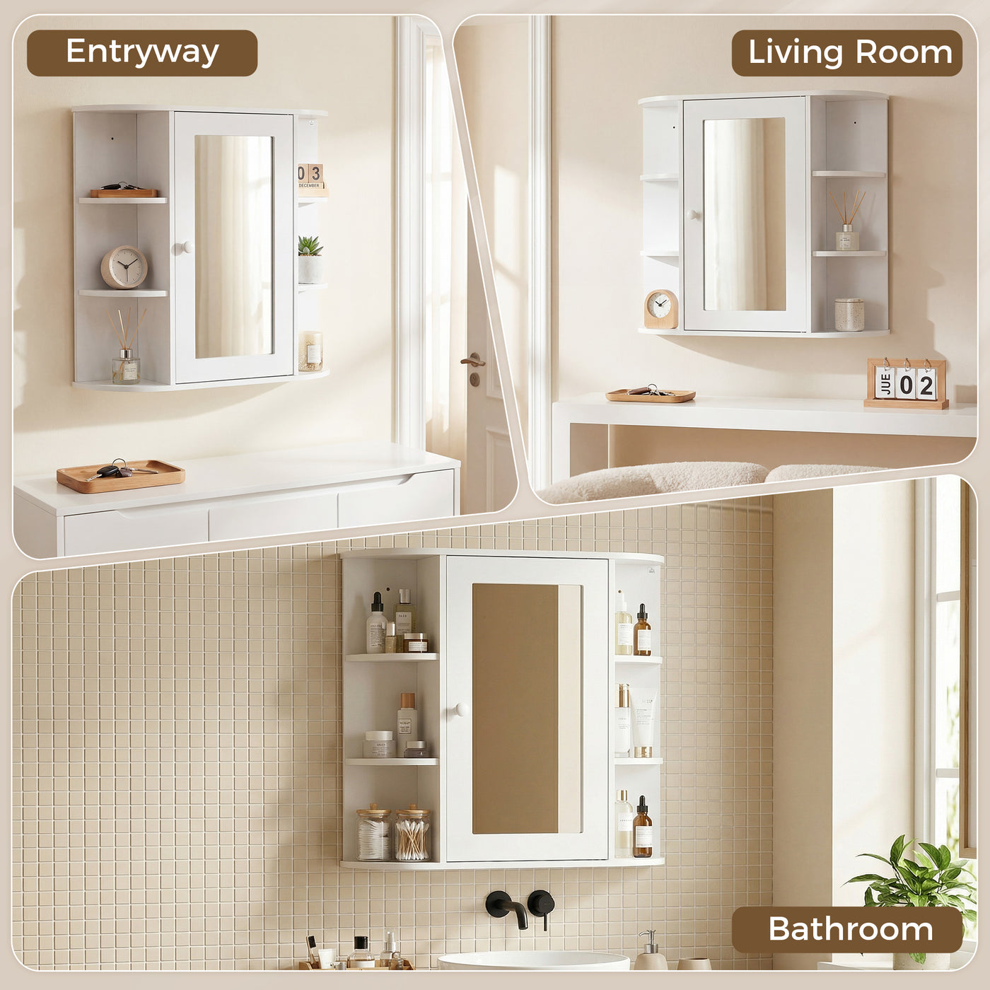 Mirrored Bathroom Wall Cabinet Wall Mounted Medicine Cabinet with Door & Shelves, White