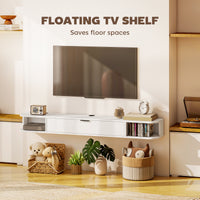 55" Floating TV Stand for TVs up to 60 Inch, Wall Mounted Media Console with Flip Drawer and 2 Open Shelves, White