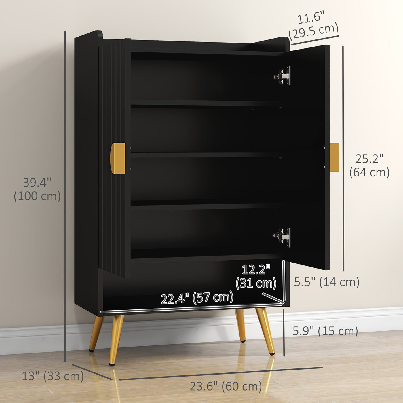 Entryway Shoe Storage Cabinet, Narrow Shoe Cabinet with Adjustable Shelves and Open Shelf for 15 Pairs of Shoes, Black
