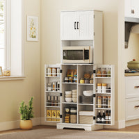 71.5" Tall Pantry Cabinet, Farmhouse Kitchen Storage Cabinet with Adjustable Shelves, 8 Door Spice Racks, White