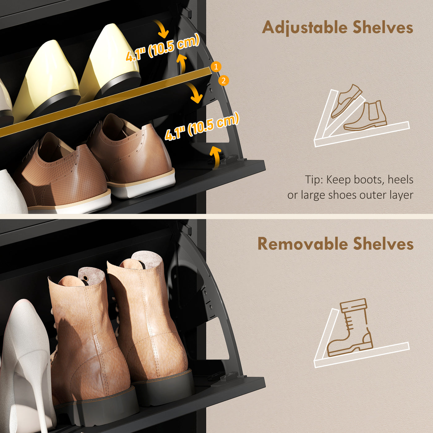 Shoe Cabinet with 2 Large Flip Drawers, Farmhouse Narrow Shoe Storage Cabinet with 2 Top Compartments, Black