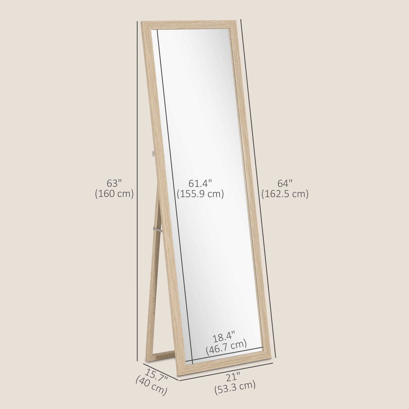 64" x 21" Full Length Mirror, Standing, Wall-Mounted or Leaning Against Wall, for Bedroom, Living Room, Beige