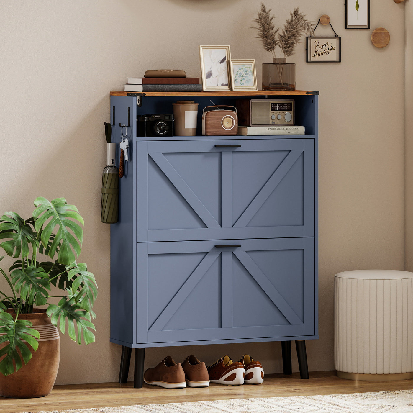 Shoe Storage Cabinet with 2 Flip Drawers, Farmhouse Narrow Shoe Cabinet, Holds Up to 16 Pairs, Blue