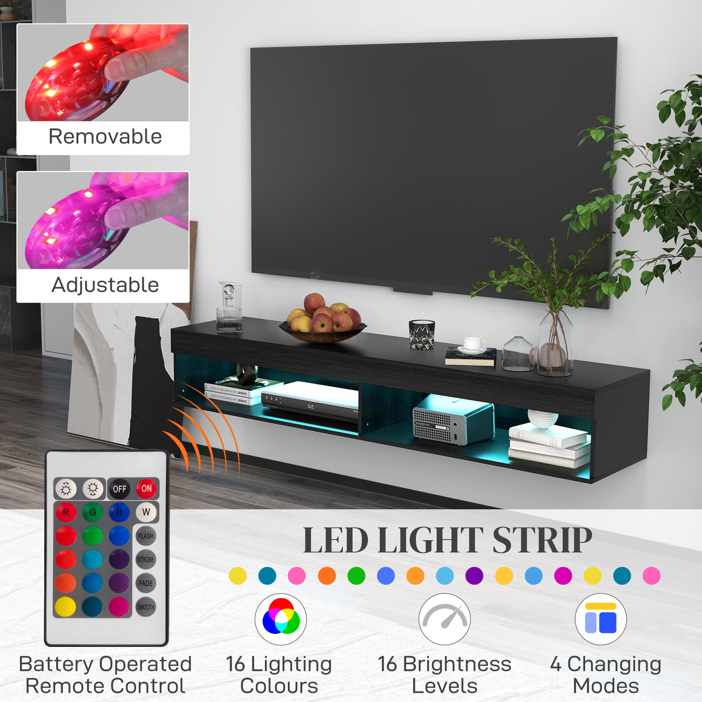 Modern Wall Mounted TV Stand with Storage and LED Lights for TVs up to 75", Floating TV Shelf for Living Room, Black