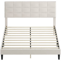 Queen Size Bed Frame with Upholstered Headboard, Modern Platform Bed Frame with Wood Slats, 1100 lbs Capacity, Cream
