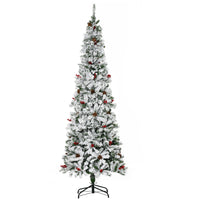 7.5 Foot Pencil Snow Flocked Artificial Christmas Tree with 950 Pine Realistic Branches, Pine Cones, Red Berries, Auto Open, Green