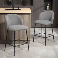 Set of 2 Counter Height Barstools, Upholstered Linen Bar Stools with Backrest, Footrest and Steel Legs, Dark Grey