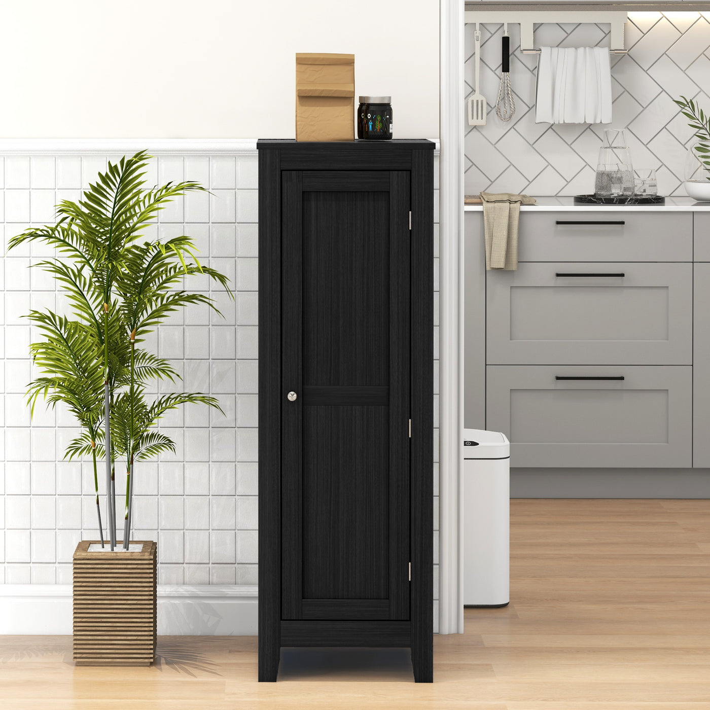 Kitchen Pantry Storage Cabinet with Adjustable Shelves, Small Storage Cabinet with Door and Shelves, Black