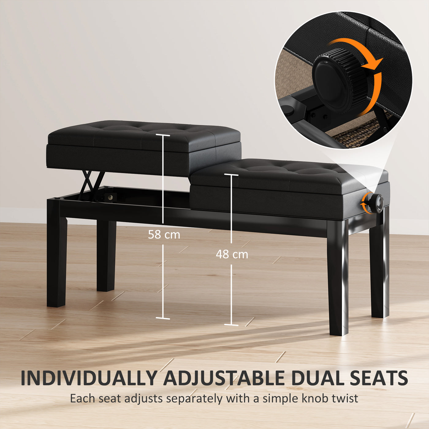 Piano Bench with Storage, Height Adjustable Piano Stool, PU Leather Tufted Keyboard Seat, Black