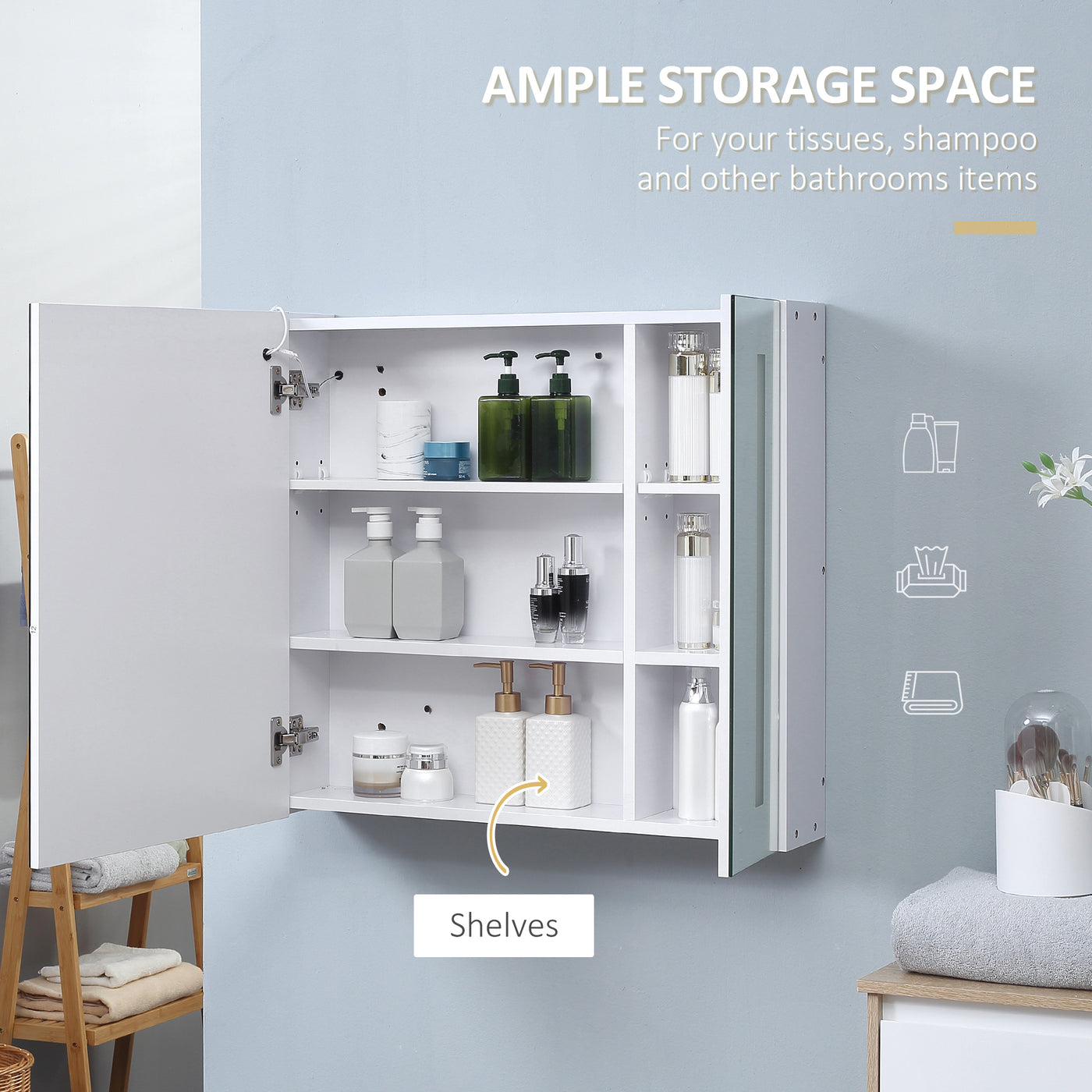 LED Medicine Cabinet with Mirror and Lights, 27.5" x 25.5" Lighted Bathroom Wall Cabinet, Bathroom Mirror Cabinet with Adjustable Shelf, USB Charge, White