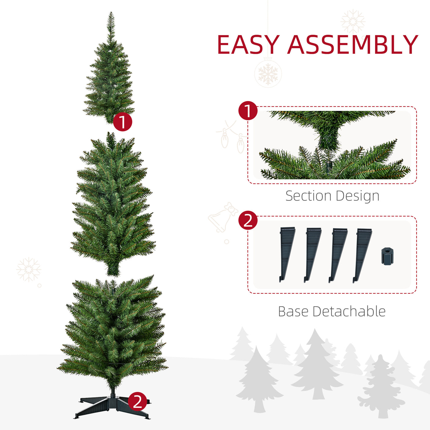 6' Pre Lit Artificial Pencil Christmas Trees, Xmas Tree with Realistic Branches and Warm White LED Lights, Green