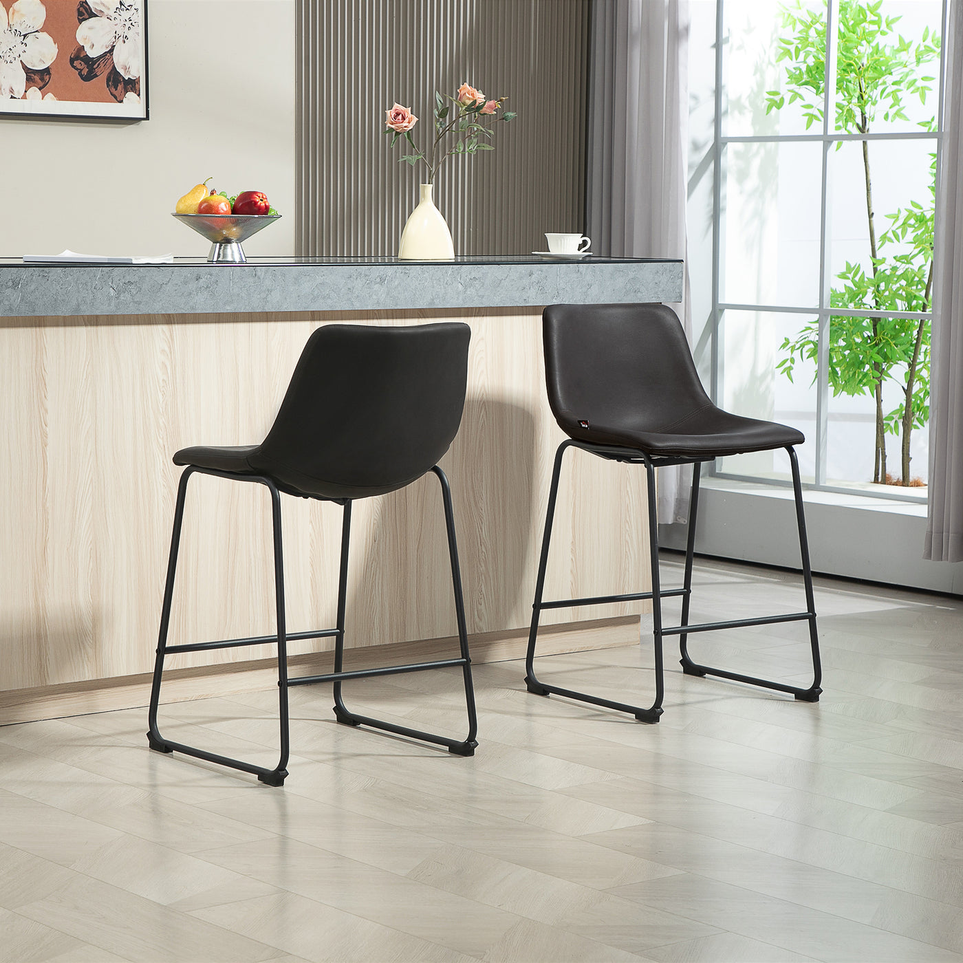 Counter Height Bar Stools Set of 2, Vintage PU Leather Bar Chairs, Kitchen Stool with Footrest, Dark Brown