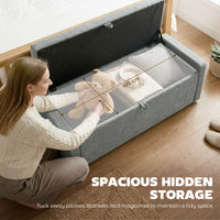 Storage Ottoman Bench, Linen-Look Fabric Upholstered Ottoman with Storage, Wide Padded Seat, Light Grey