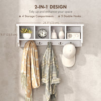 Coat Rack Wall Mount with Shelf, 28" Wall Coat Rack with 5 Hooks and 4 Compartments for Living Room, Entryway, White