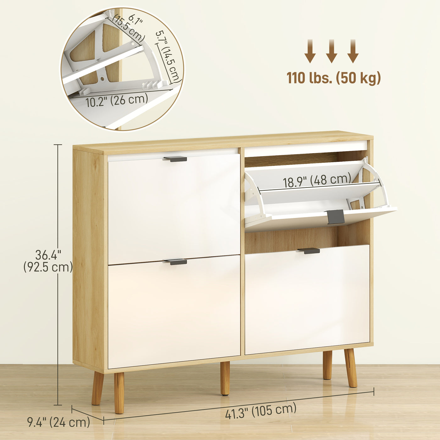 Narrow Shoe Cabinet, High Gloss Shoe Storage Cabinet with 4 Flip Drawers and Adjustable Shelves, Holds 20 Pairs, White