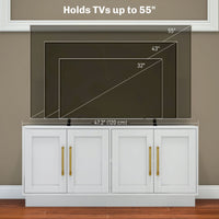 Modern TV Stand for up to 55" TV, TV Cabinet with 4 Soft Hinged Doors, 4 Cable Holes and 2 Adjustable Shelves, White