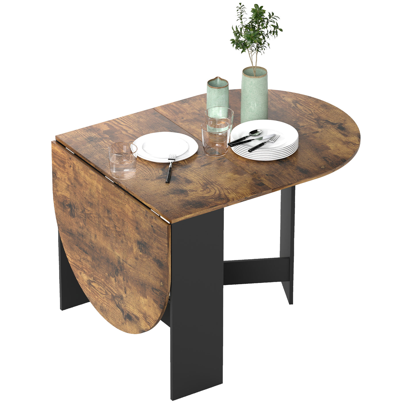 Oval Folding Dining Table, Space Saving Drop Leaf Kitchen Table for Dining Room, Living Room, Rustic Brown