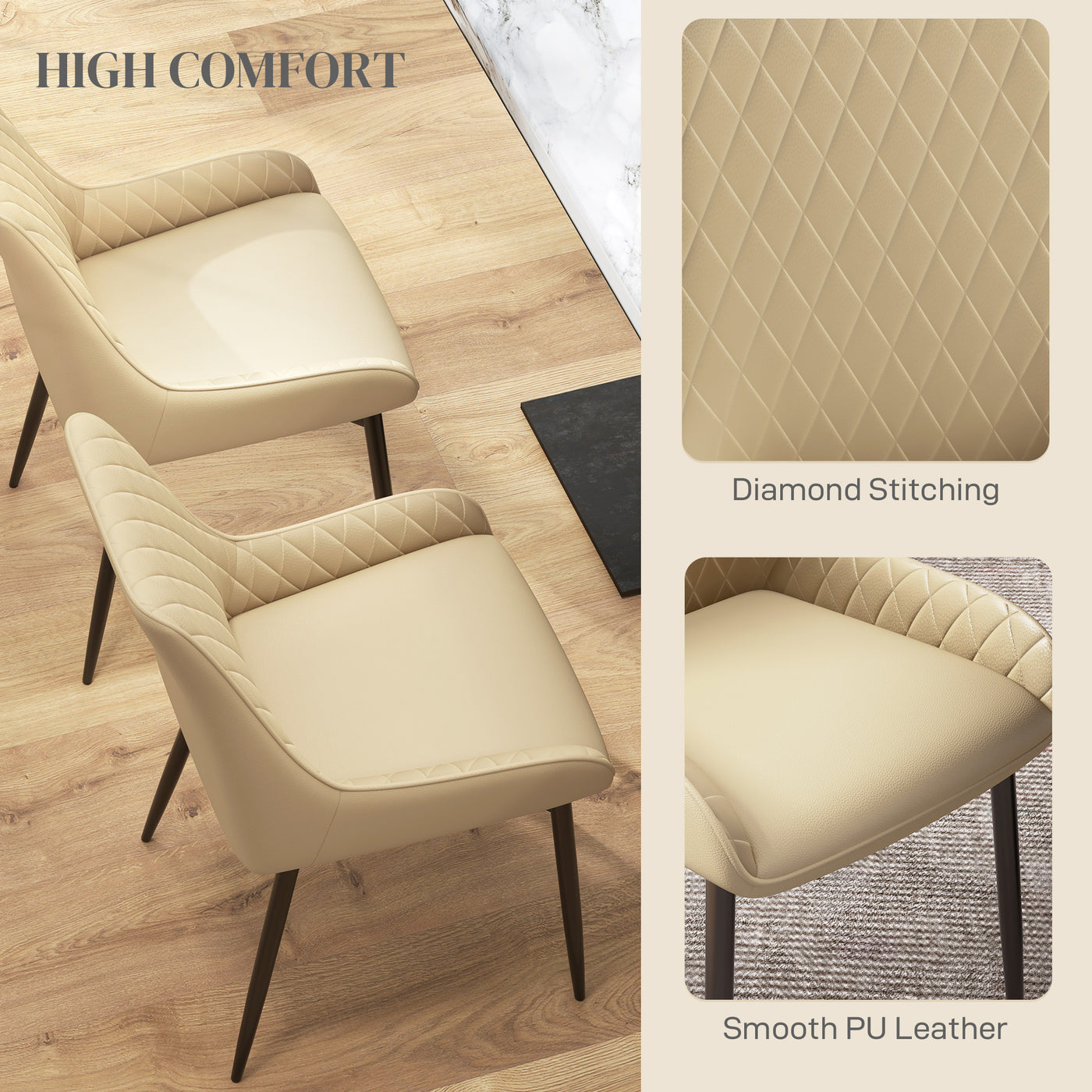 Upholstered Kitchen Chairs, Modern Dining Chairs Set of 2 with Diamond Tufting and Steel Legs for Dining Room, Khaki