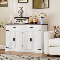 55" Buffet Cabinet, Farmhouse Sideboard with 1.2" Thick Top, 4 Barn Doors, 2 Drawers and 2 Adjustable Shelves, White