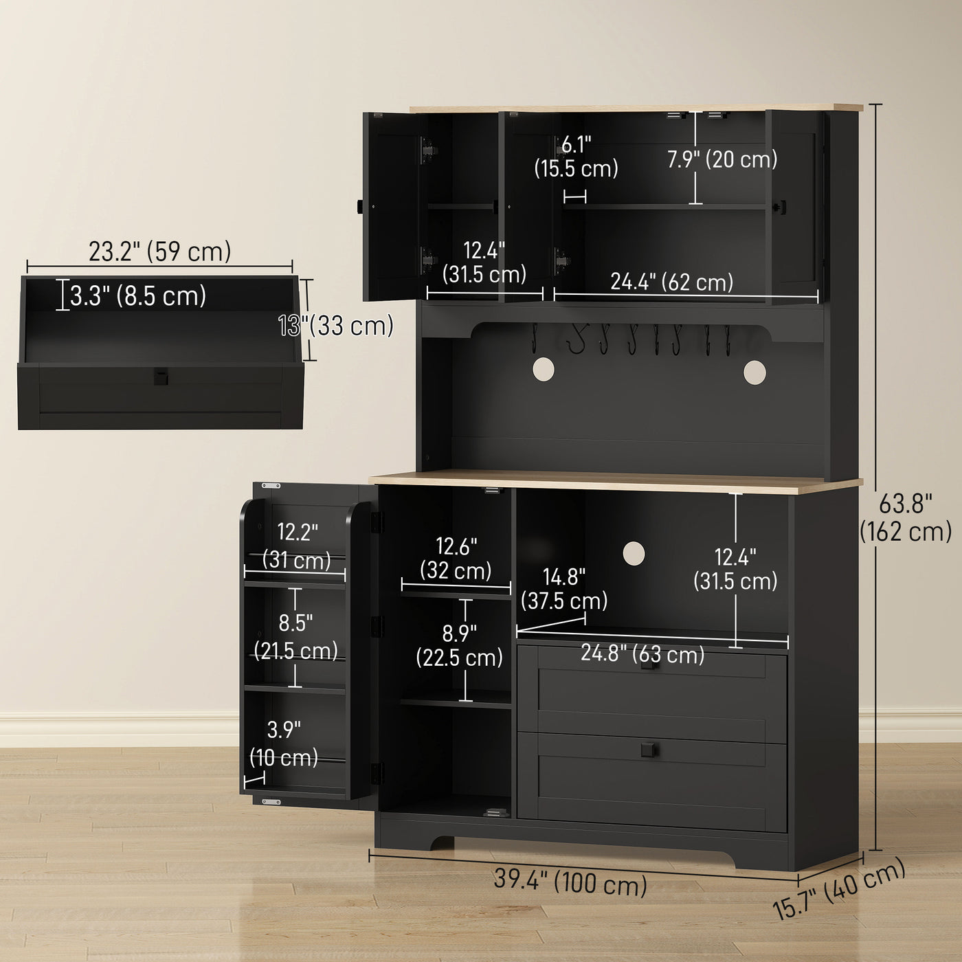 Kitchen Pantry Cabinet, 64" Tall Kitchen Hutch with 3 Cabinets, 2 Drawers, Adjustable Shelves, Microwave Stand, Black