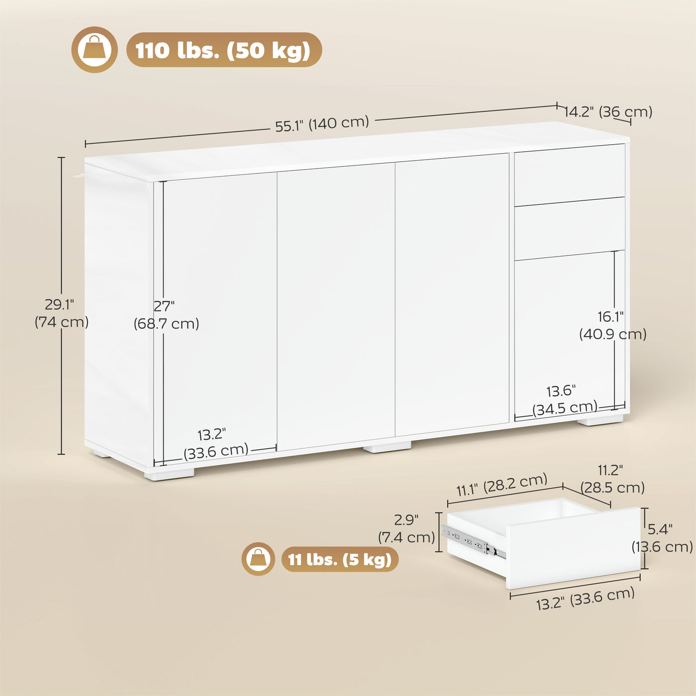 Kitchen Sideboard Storage Cabinet, Modern Coffee Bar Cabinet with Push-Open Design and 2 Drawers for Living Room, White
