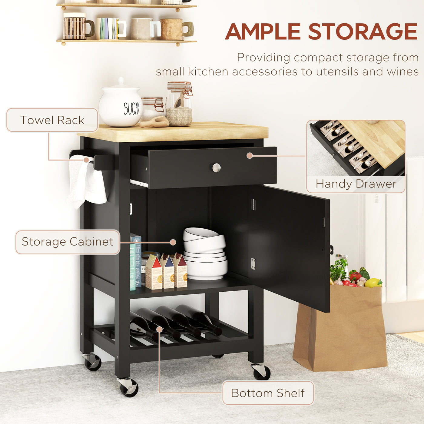 Kitchen Island on Wheels, Rolling Kitchen Cart with Wood Top, Towel Rack, Drawer and Shelf for Dining Area, Black
