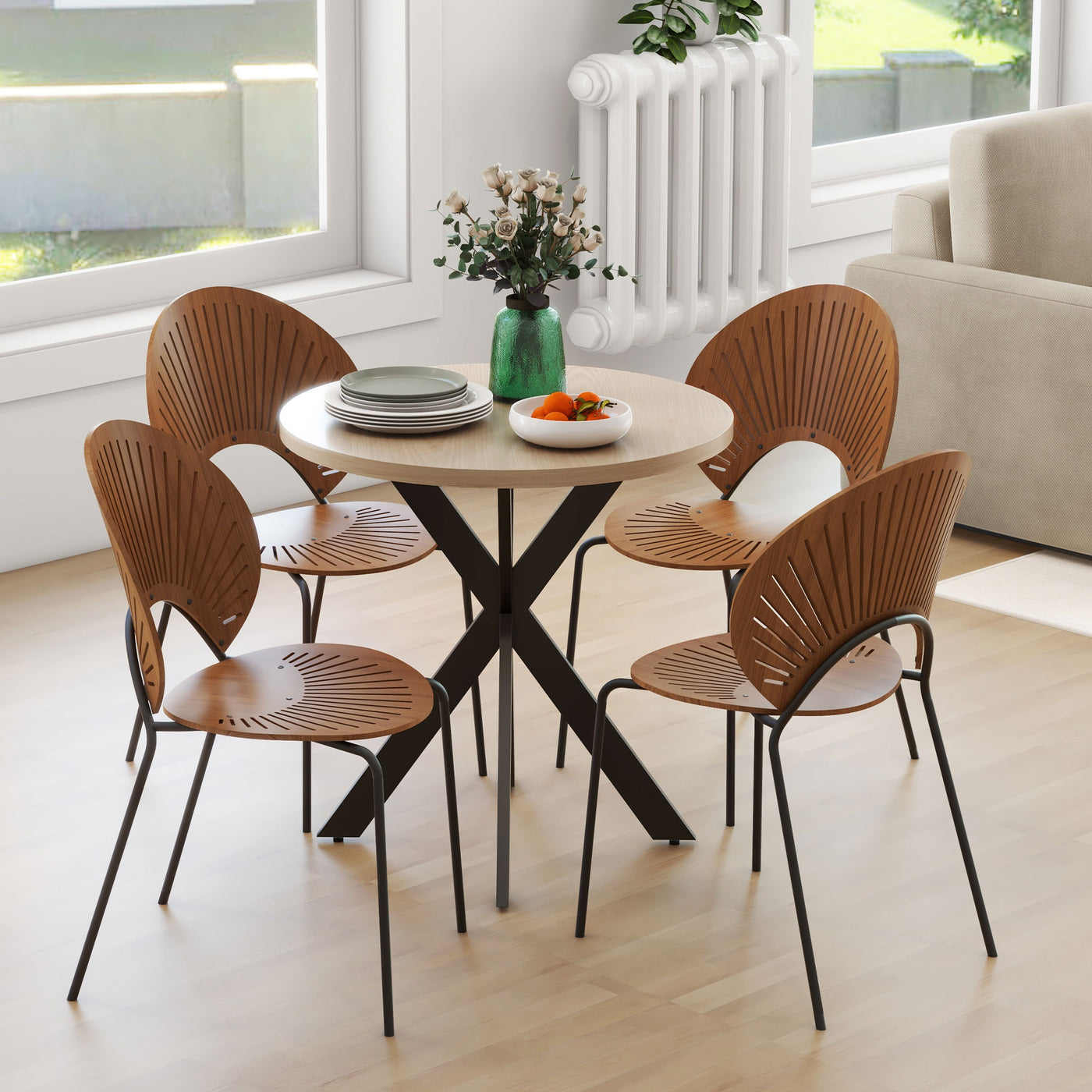 29" Dining Table, Contemporary Round Kitchen Table with Steel Legs, Brown