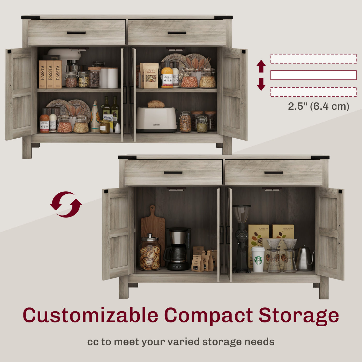 Side Cabinet, Farmhouse Kitchen Storage Cabinet w/ 2 Drawers and Shelves for Living Room, Entryway, Grey
