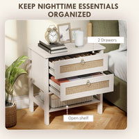 Set of 2 Boho Bedside Tables, Rattan Nightstands with 2 Drawers, Storage Shelf, End Side Tables for Bedroom, White Oak