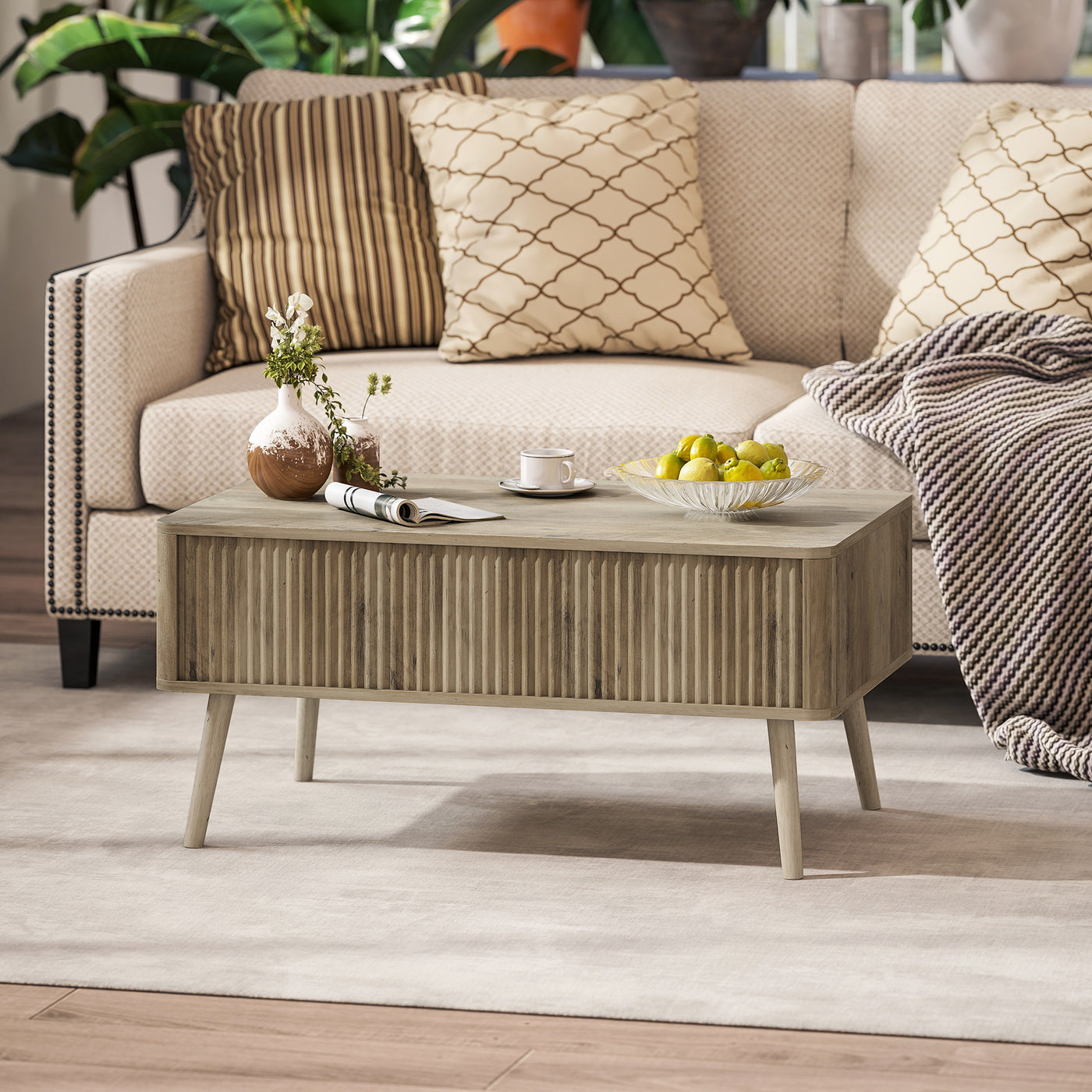 Lift Top Coffee Table with Storage, Center Table with Hidden Compartments and Pine Wood Legs for Living Room, Oak