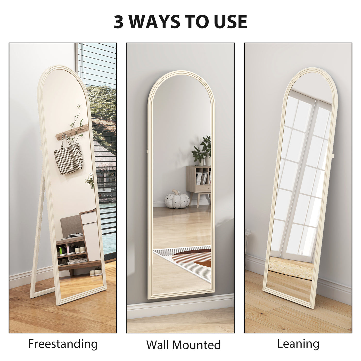 64" x 21" Full Length Mirror, Free Standing, Leaning or Wall, Arched Full Body Mirror with Faux Stone Frame, White