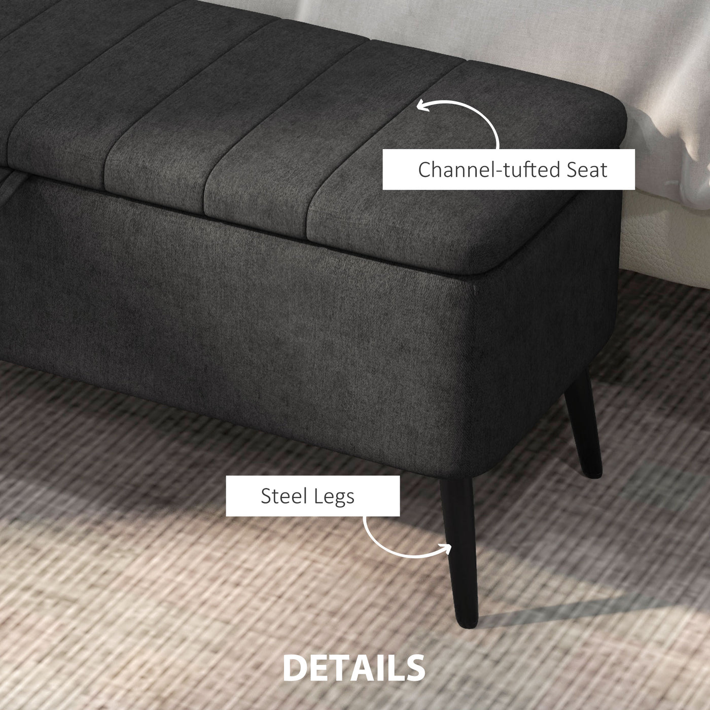 40" Ottoman with Storage, Linen Upholstered Storage Ottoman Bench with Steel Legs for Living Room, Bedroom Black