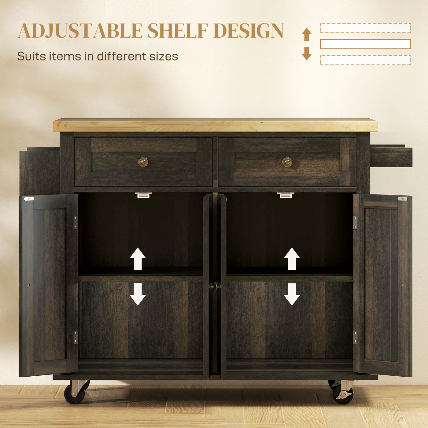 Kitchen Island with Storage, Rolling Trolley Cart with Rubber Wood Top, Spice Rack, Towel Rack, Brown Oak
