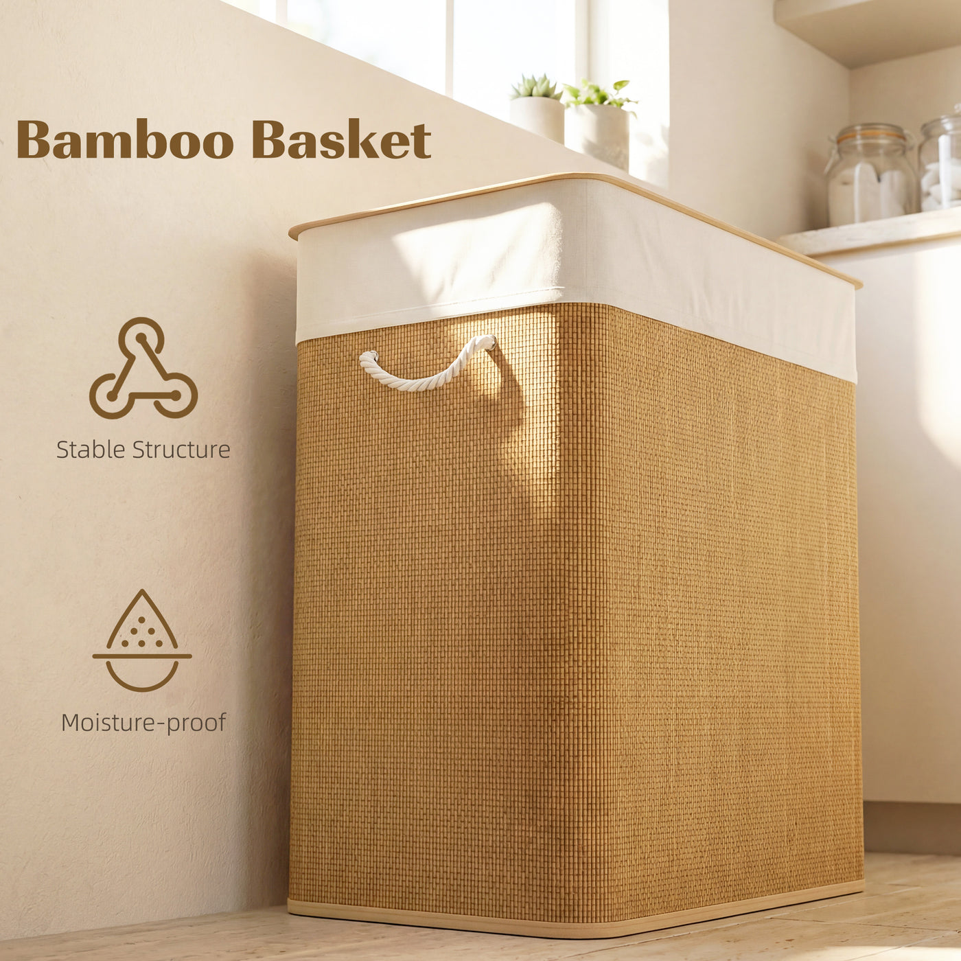 Double Laundry Basket with Lid, 100L Bamboo Laundry Hamper with Rope Handles and Removable Bags, Brown