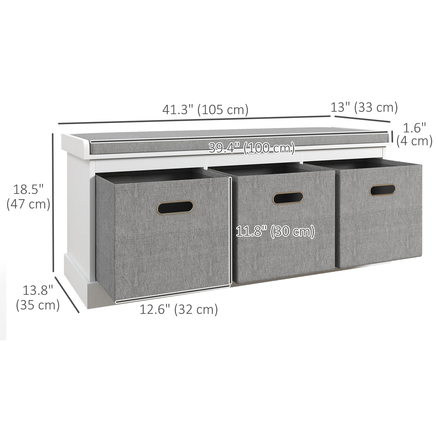 Shoe Storage Bench with Seat, Entryway Bench Seat with Cushion, 3 Fabric Drawers for Hallway, White
