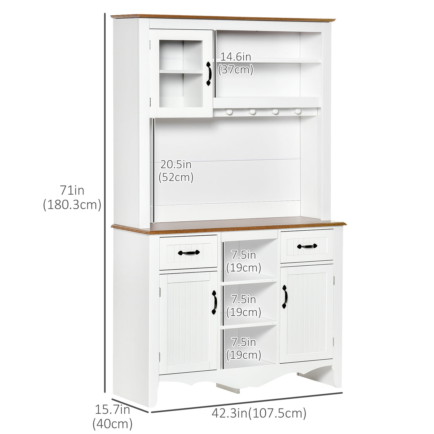 71" Kitchen Buffet with Hutch, Farmhouse Style Storage Cupboard with Utility Drawer, 3 Door Cabinets and 5-tier Shelves, White