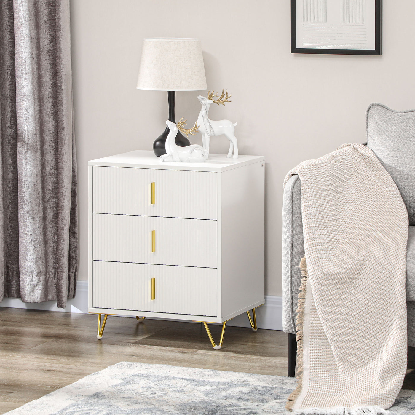 Drawer Chest, 3-Drawer Storage Cabinet Unit with Metal Legs for Living Room, 19.7"x15.7"x24.8", White