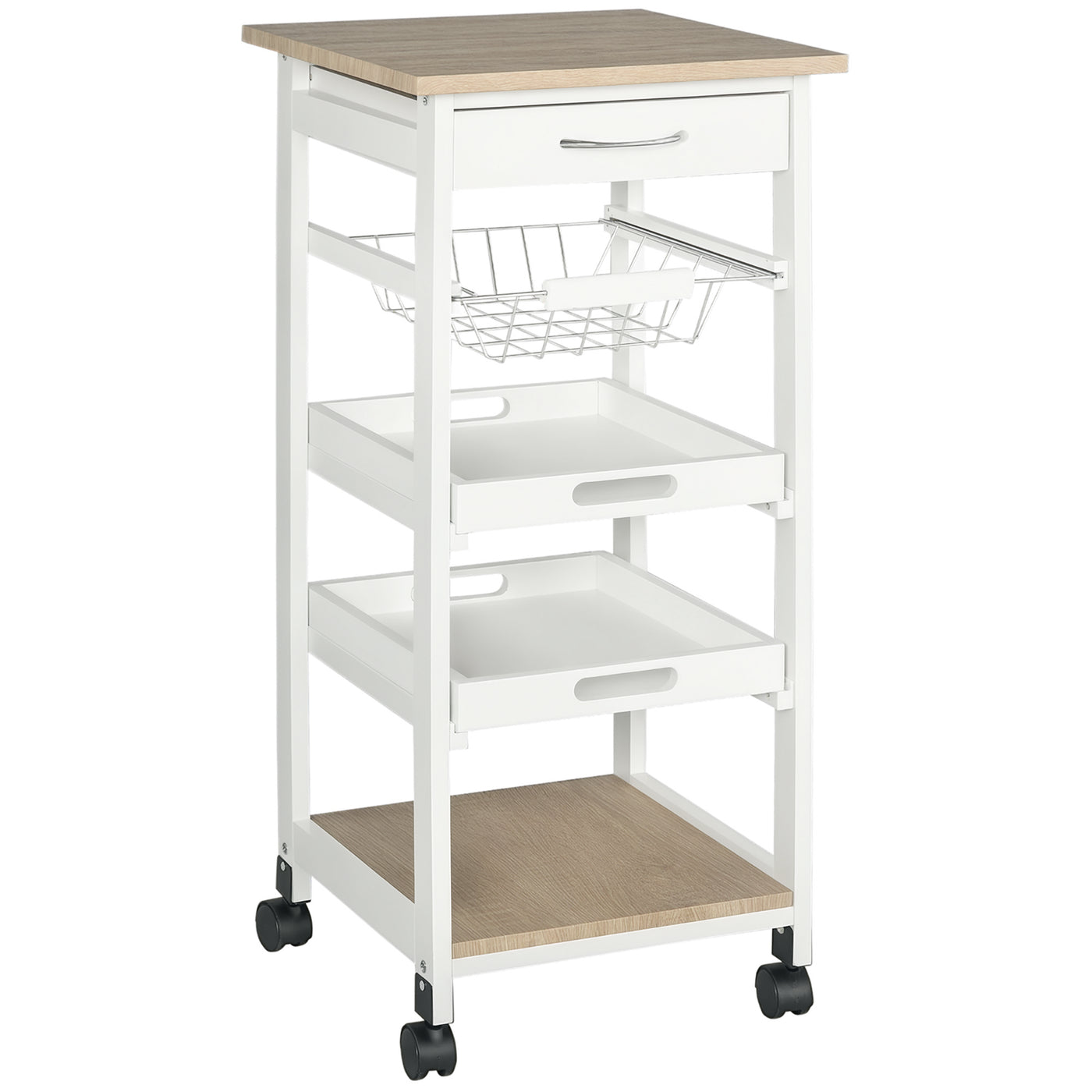 Rolling Kitchen Island Cart, Mobile Utility Storage Cart with Drawer, Wire Storage Basket, Removable Tray, White