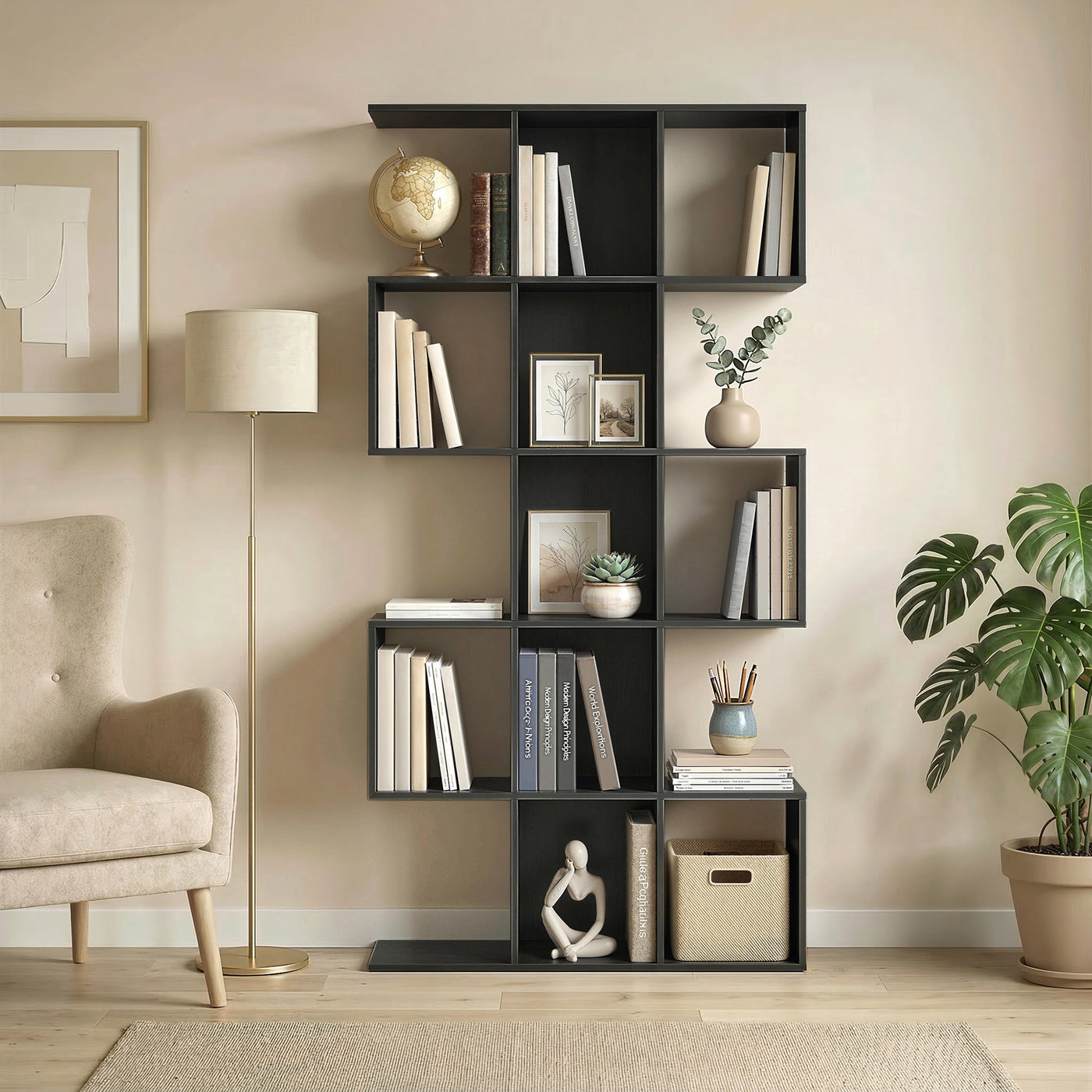 5-Tier Bookshelf, S Shaped Geometric Bookcase with 15 Compartments, Black Wood Grain