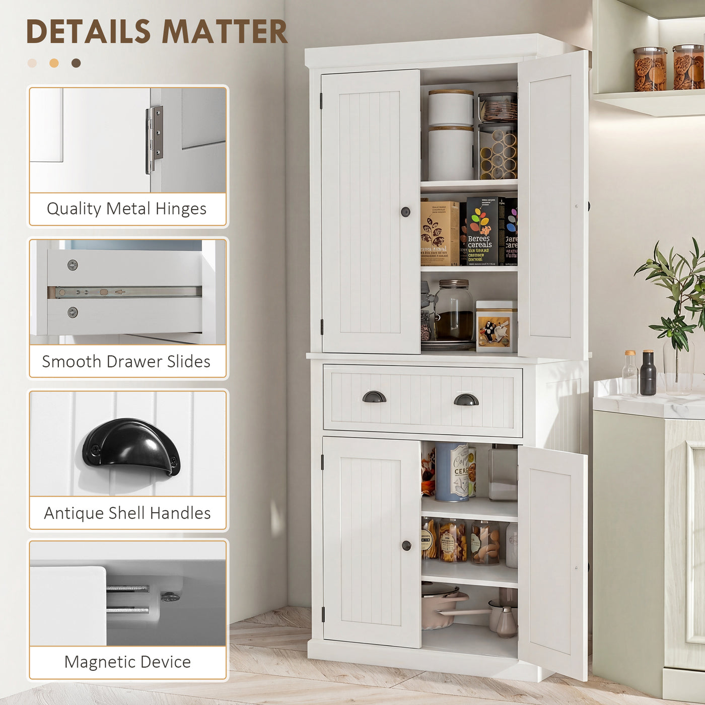 72" Kitchen Pantry, Freestanding Storage Cabinet with Drawer, Doors, Cream White