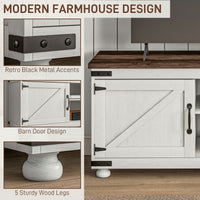 Farmhouse TV Stand Small Minimalist Barn Doors Cable Management for 65" TV Small Space Apartment Distressed White