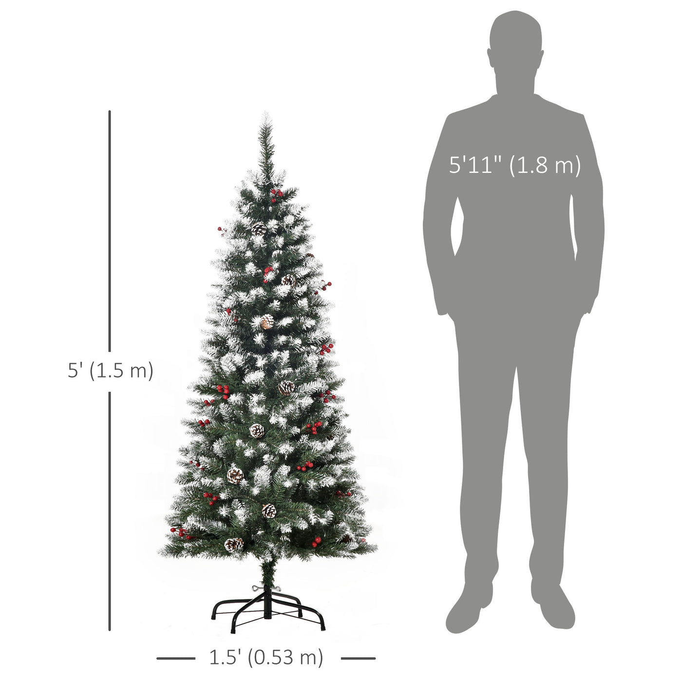 5ft Decorated Christmas Tree with Red Berries and Pine Cones, Flocked Christmas Tree with Pencil Shape, Green