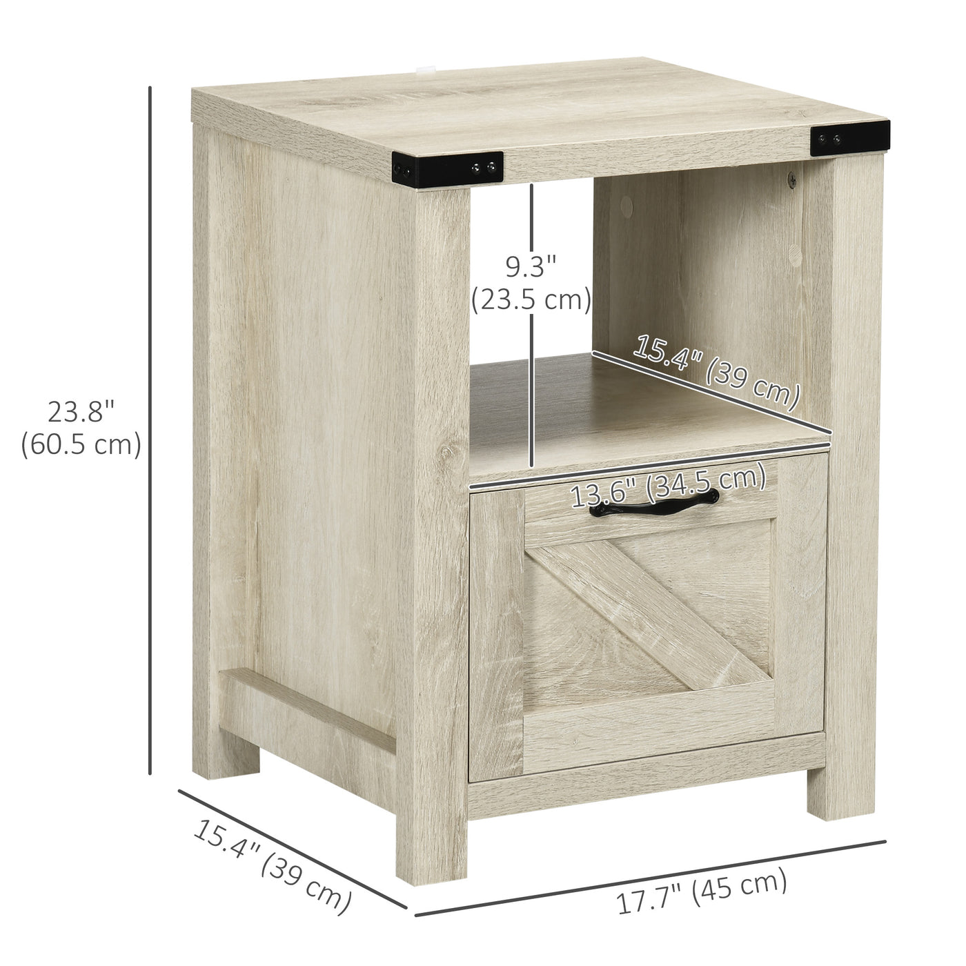 Side Table with Storage, Farmhouse End Table with Drawer, Open Shelf and Barn-style Panel, Nightstand for Living Room, Bedroom, Oak