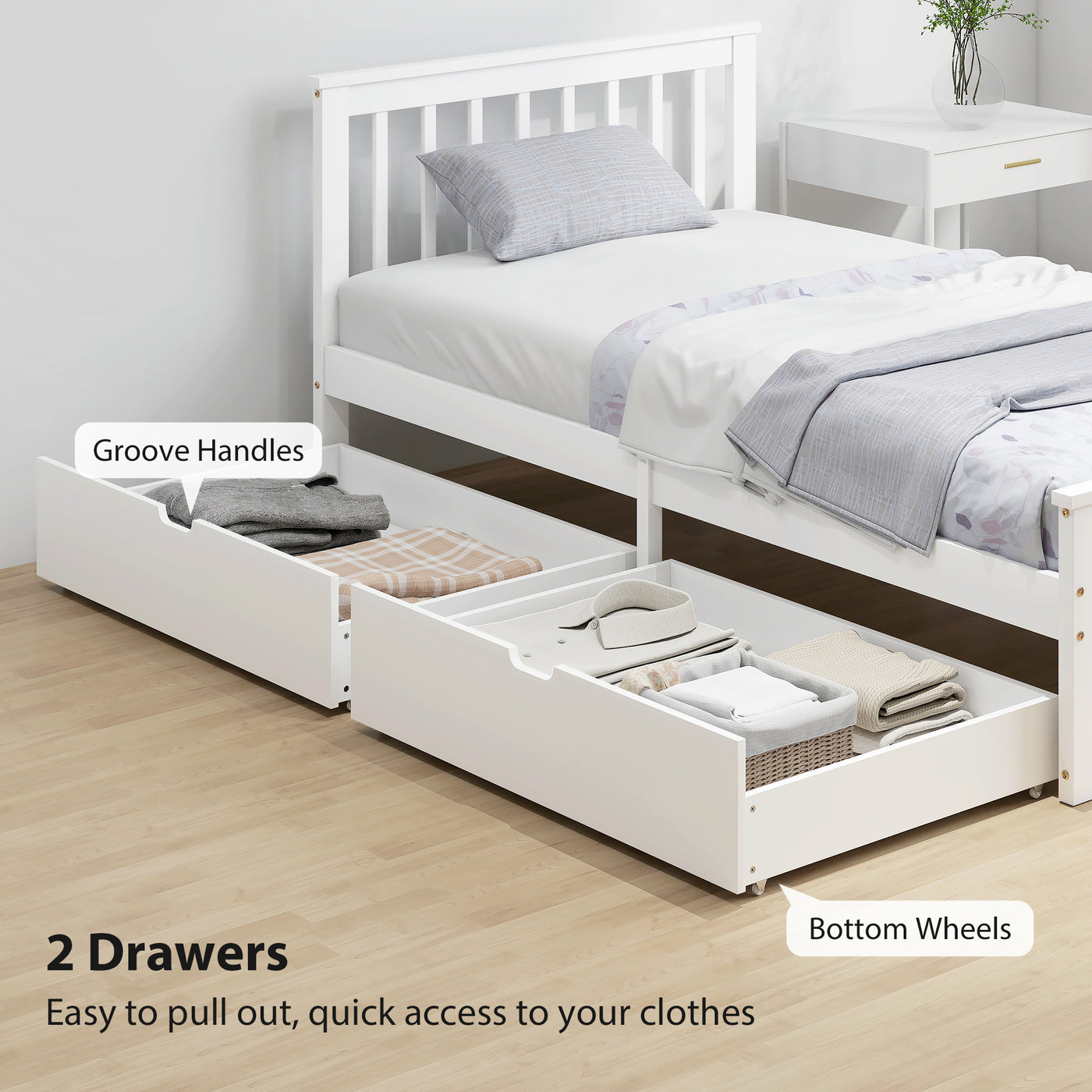 Pine Twin Bed Frame, Wood Storage Bed Frame with Drawers, Wood Slat Support, No Box Spring Needed, Easy Assembly, White