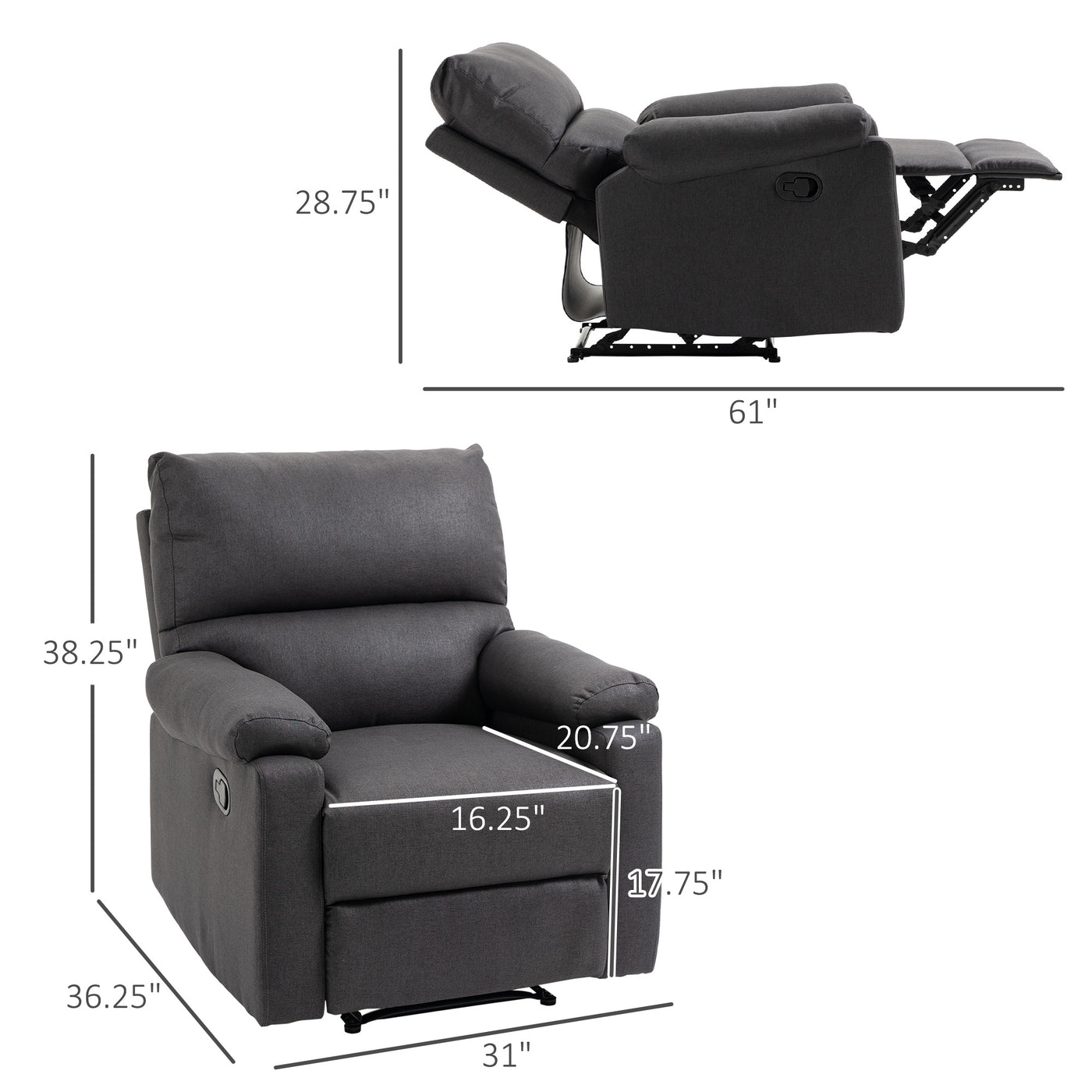 Recliner Chair, Manual Reclining Chair with Footrest, Padded Seat for Living Room, Bedroom, Study, Dark Grey