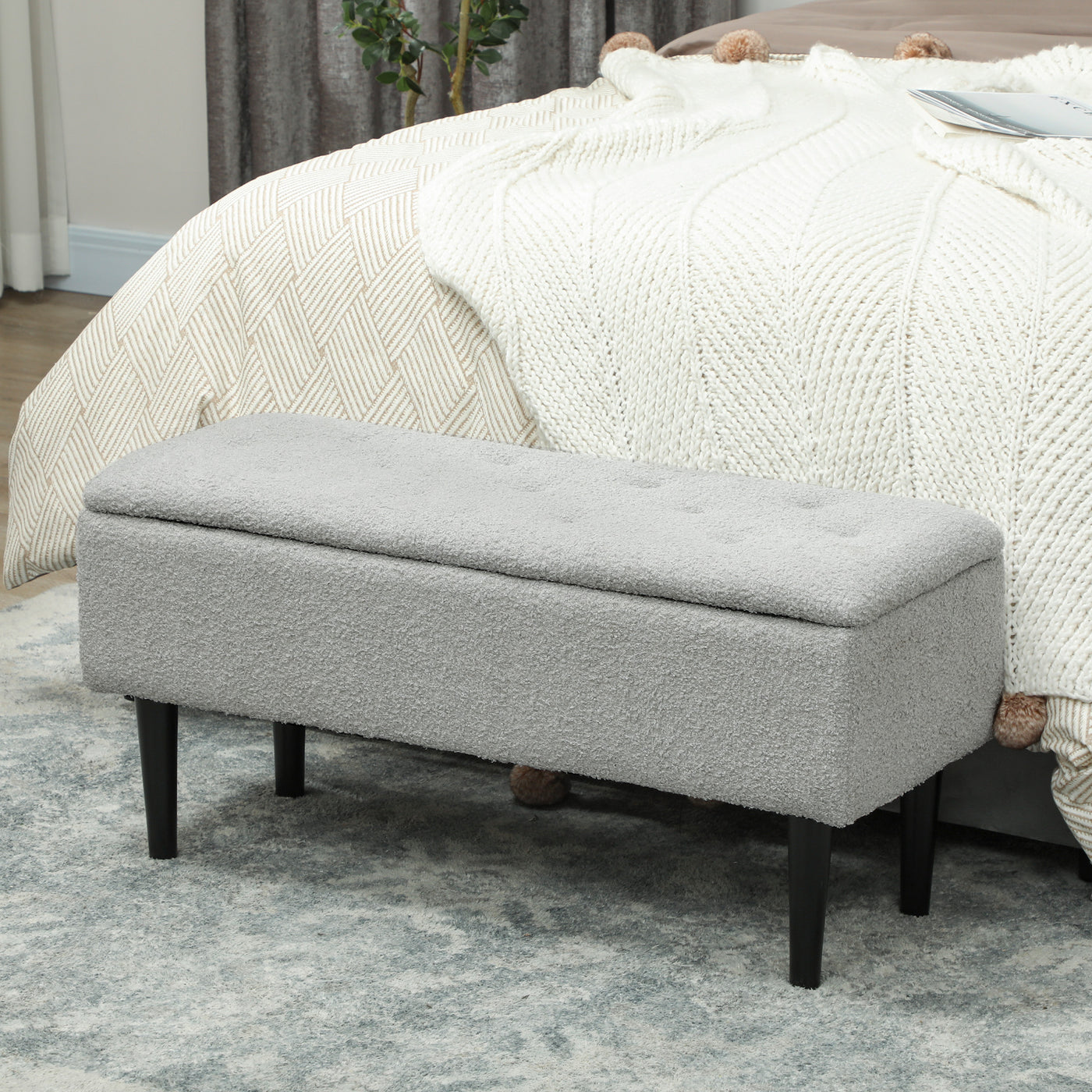 Modern Storage Bench, Ottoman with Storage and Lamb's Wool Upholstery for Living Room, Bedroom, Grey