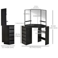 Corner Vanity Desk with Mirror, Makeup Vanity Table with 5 Drawers and Open Shelves, Dressing Table with 3-piece Mirror for Bedroom, Black