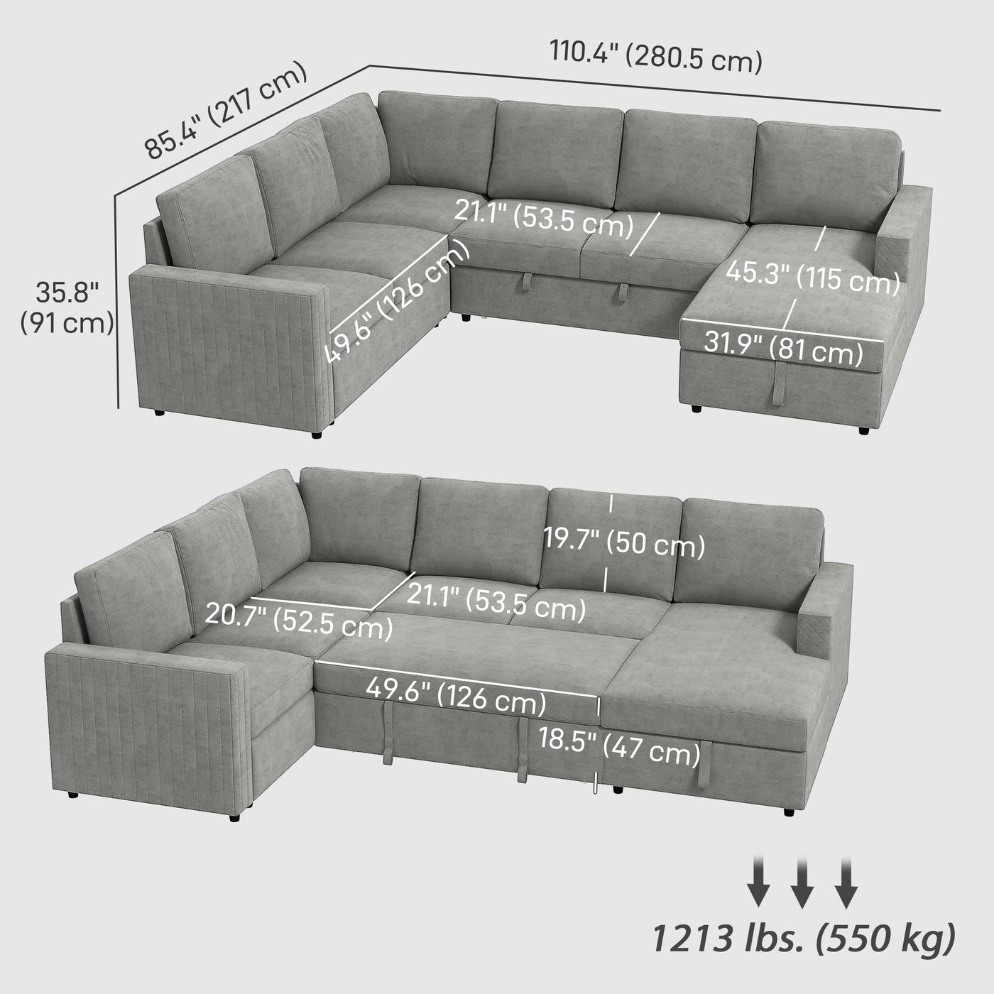 Pull Out Sofa Bed, Sleeper Sofa Couch with Hidden Storage, Chaise Lounge, Velvet Upholstery, U-Shaped Futon Couch