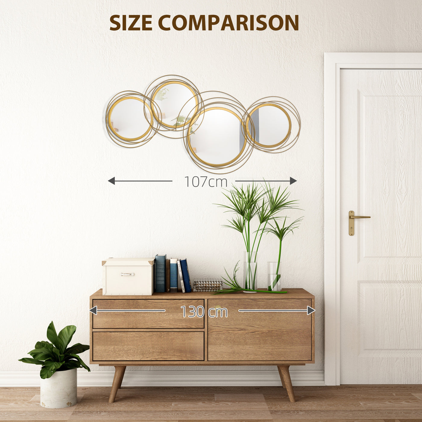 Metal Wall Art Gold Frame Circle Bathroom Mirror Decor Home Hanging Wall Sculptures, 42.25"L x 22"W x 1.5"H, Gold
